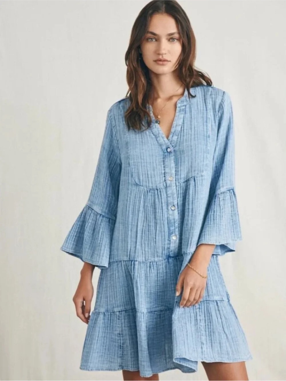 FAHERTY DREAM COTTON GAUZE KASEY INDIGO Tiered Button-Front Dres. Size M . New